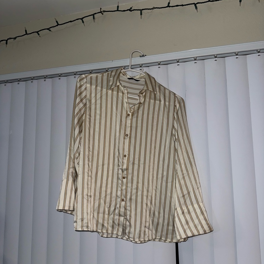 Zara Women’s Cream and Brown Striped Satin Shirt